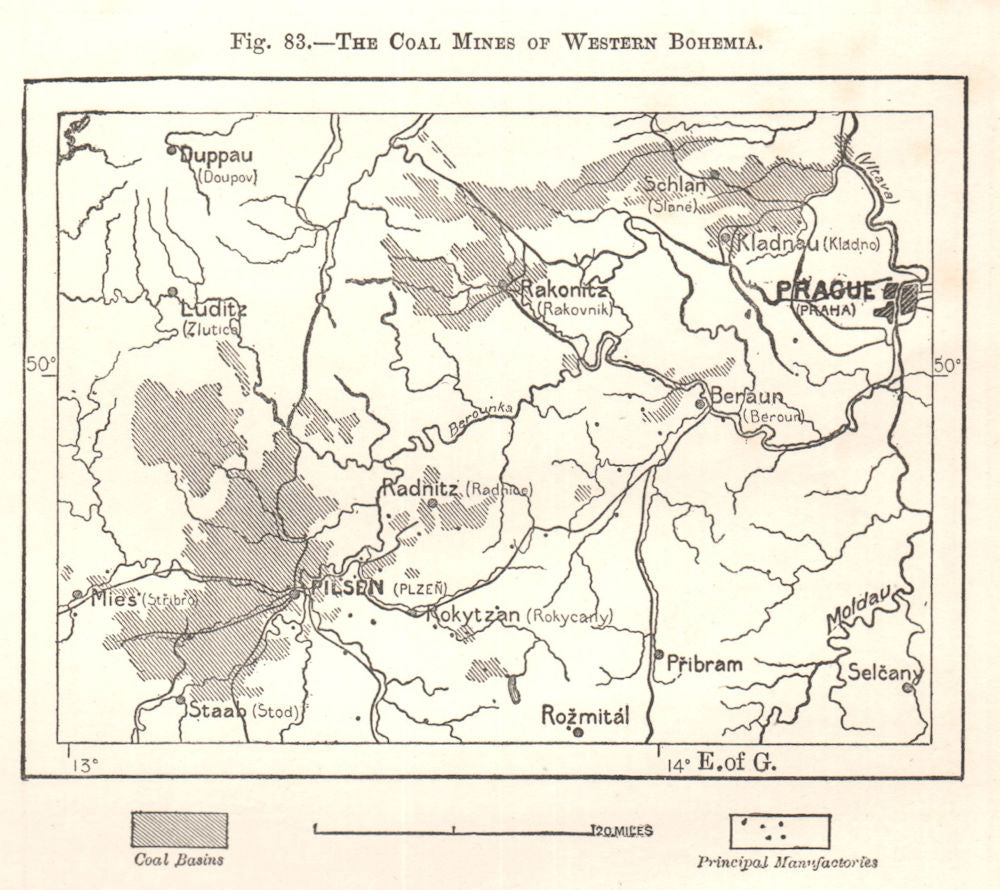 Coal Mines of Western Bohemia. Prague Pilsen Czech Rep. Sketch map 1885
